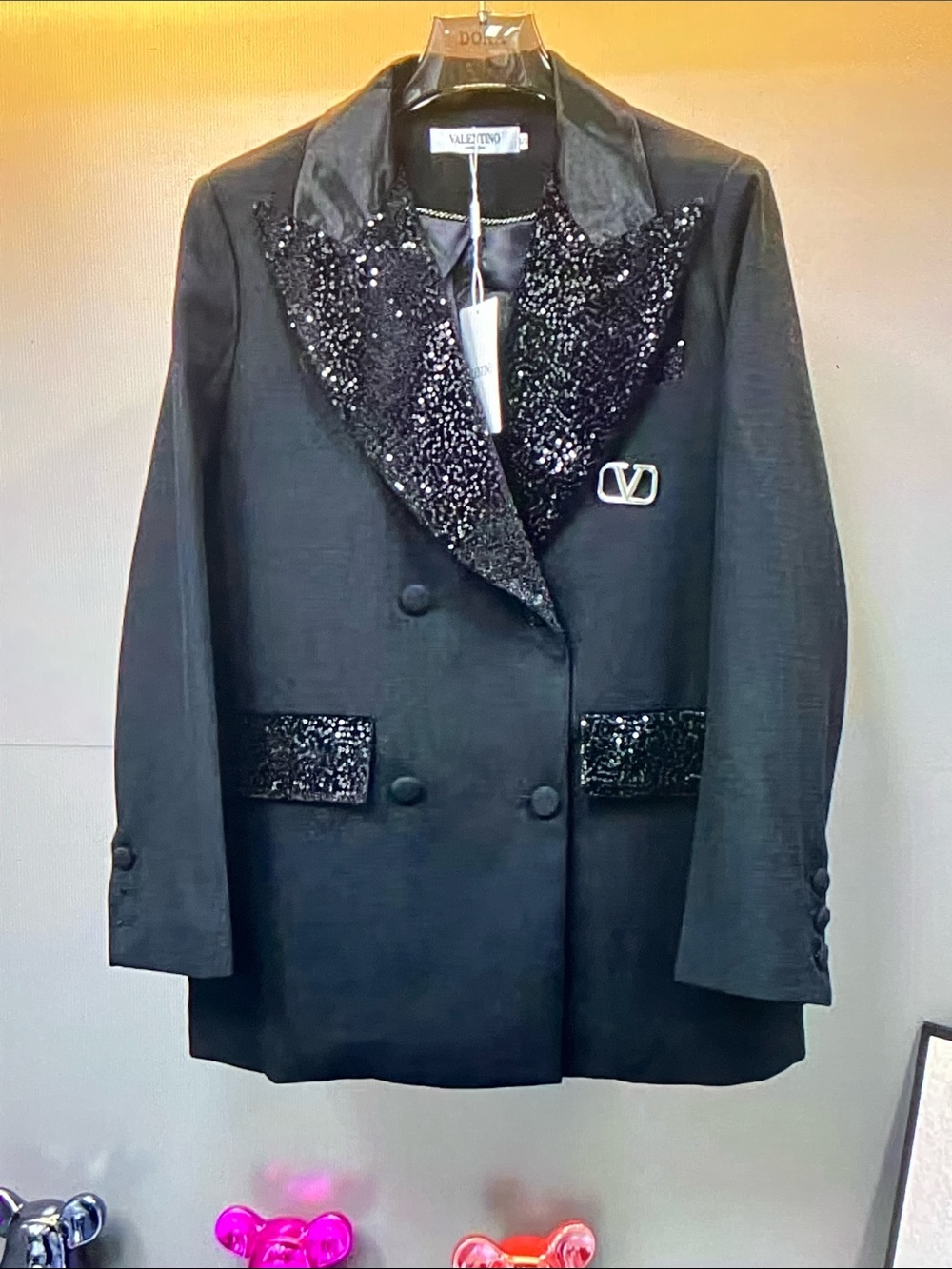 Valentino Black Sequin Lapel Double-Breasted Blazer - Picture 1 of 8